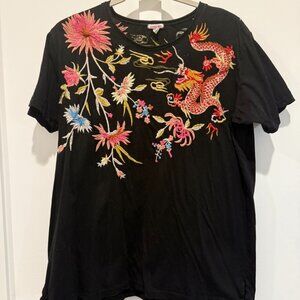 Johnny Was, dragon embroidered, black cotton t-shirt in size M.